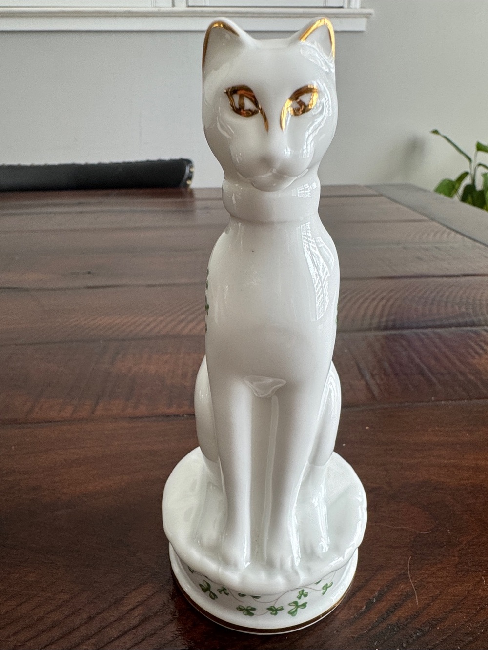 Galway Royal Tara White Porcelain Cat Figurine with Gold Accents and Shamrocks